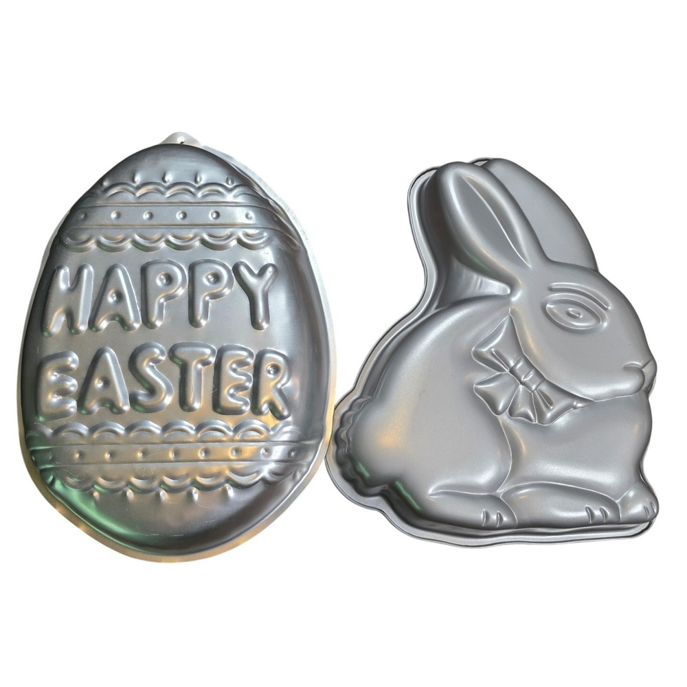 Vintage Wilton 1983 Happy Easter Eggβ and Bunny Rabbit Aluminum Cake Pan Set 2pc